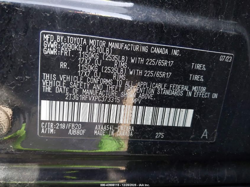 2023 Toyota Rav4 Le VIN: 2T3G1RFVXPC373315 Lot: 43986115