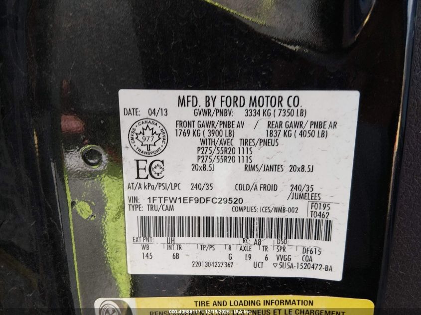 2013 Ford F-150 Fx4 VIN: 1FTFW1EF9DFC29520 Lot: 43986117