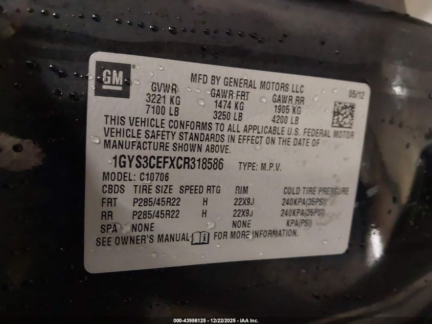 2012 Cadillac Escalade Premium VIN: 1GYS3CEFXCR318586 Lot: 43986125