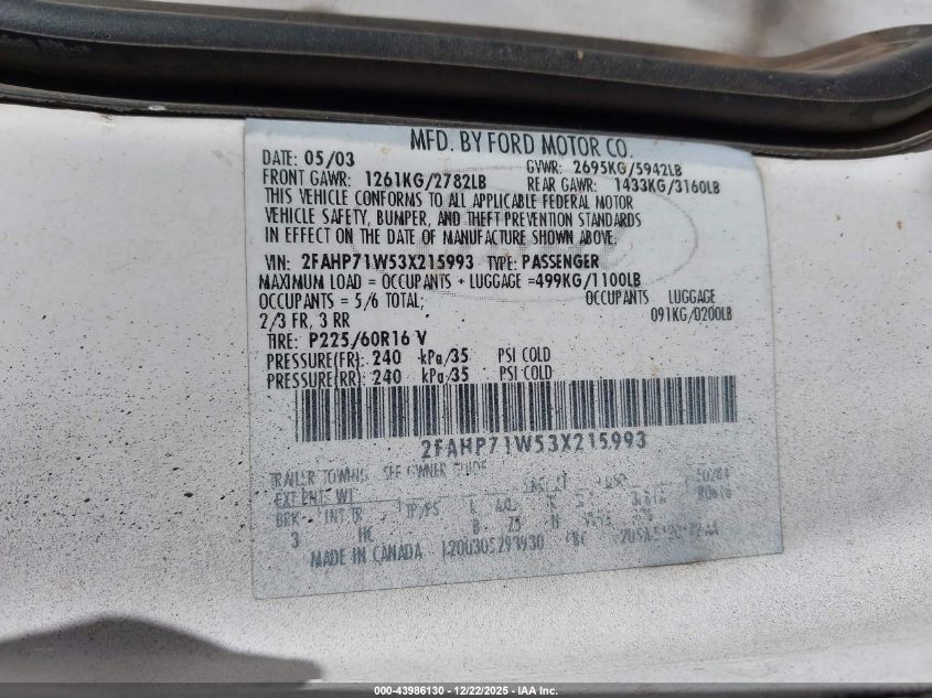 2003 Ford Crown Victoria Police VIN: 2FAHP71W53X215993 Lot: 43986130