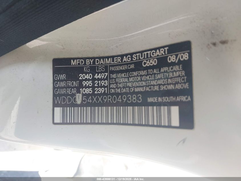 2009 Mercedes-Benz C 300 Sport VIN: WDDGF54XX9R049383 Lot: 43986131