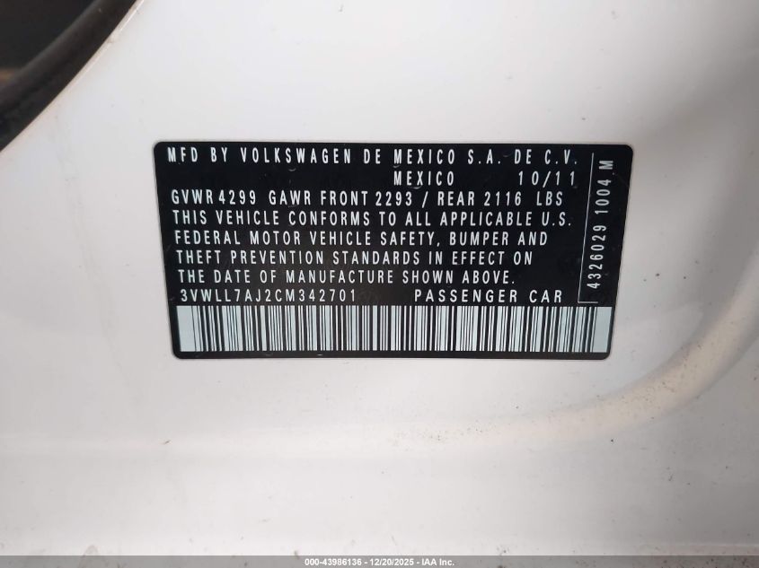 2012 Volkswagen Jetta 2.0L Tdi VIN: 3VWLL7AJ2CM342701 Lot: 43986136