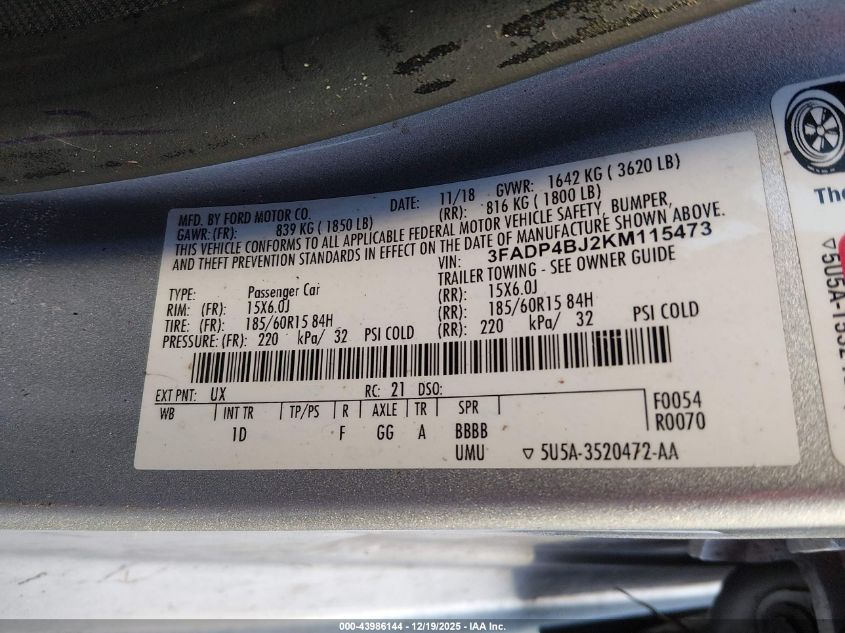 2019 Ford Fiesta Se VIN: 3FADP4BJ2KM115473 Lot: 43986144