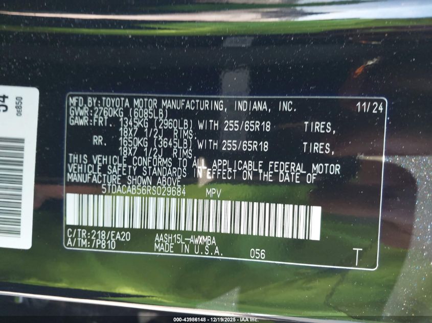 2024 Toyota Grand Highlander Hybrid Xle VIN: 5TDACAB56RS029684 Lot: 43986148