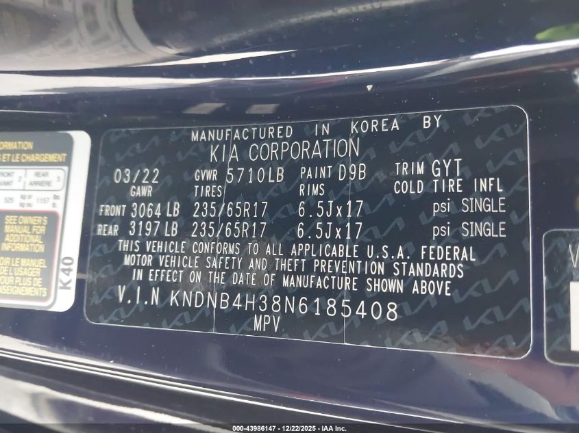 2022 Kia Carnival Mpv Lx VIN: KNDNB4H38N6185408 Lot: 43986147