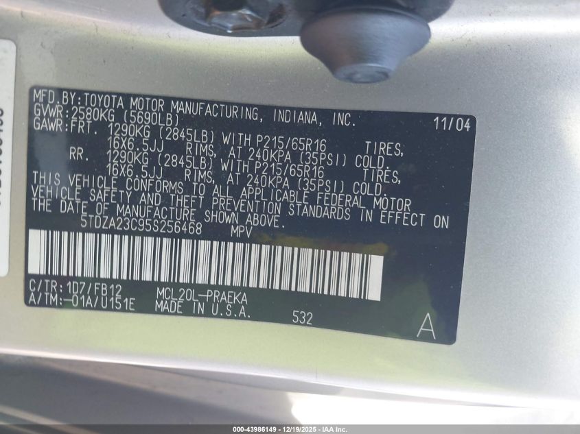 2005 Toyota Sienna Le VIN: 5TDZA23C95S256468 Lot: 43986149