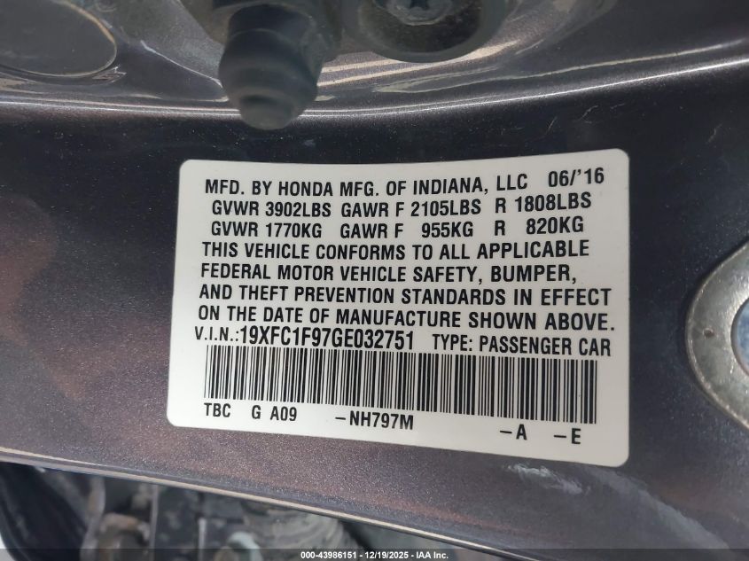 2016 Honda Civic Touring VIN: 19XFC1F97GE032751 Lot: 43986151