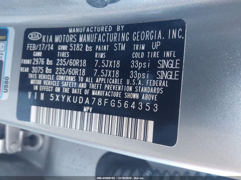 2015 Kia Sorento Ex V6 VIN: 5XYKUDA78FG564353 Lot: 43986153