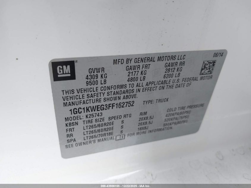 2015 Chevrolet Silverado 2500Hd Ltz VIN: 1GC1KWEG3FF162752 Lot: 43986155