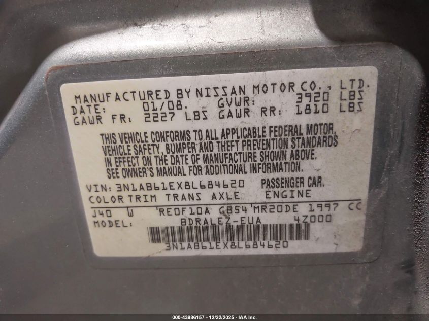 2008 Nissan Sentra 2.0S VIN: 3N1AB61EX8L684620 Lot: 43986157