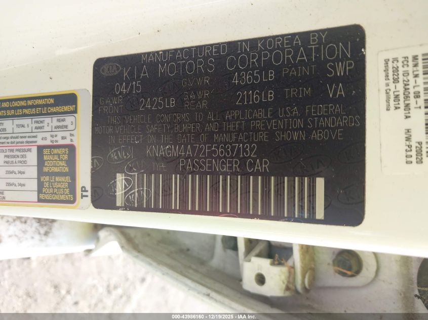 2015 Kia Optima Lx VIN: KNAGM4A72F5637132 Lot: 43986160