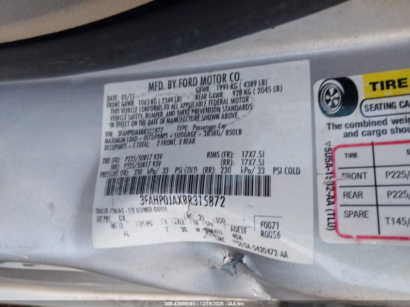 2011 Ford Fusion Sel VIN: 3FAHP0JAXBR315872 Lot: 43986161