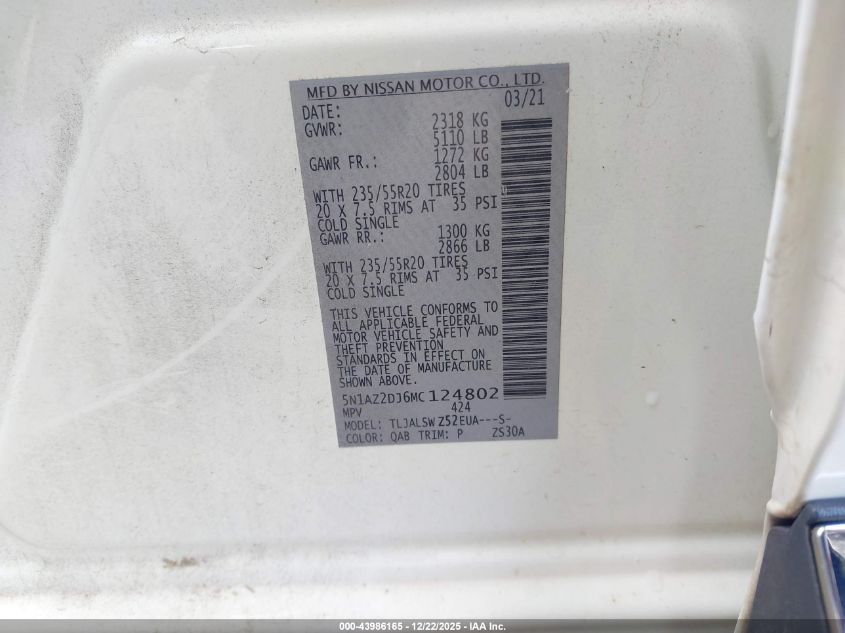 2021 Nissan Murano Platinum Fwd VIN: 5N1AZ2DJ6MC124802 Lot: 43986165