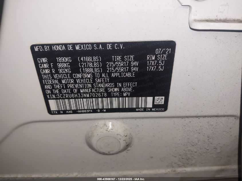 2022 Honda Hr-V Awd Lx VIN: 3CZRU6H33NM702678 Lot: 43986167