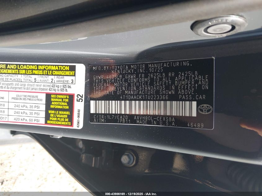 2026 Toyota Camry Se VIN: 4T1DAACK1TU223366 Lot: 43986169