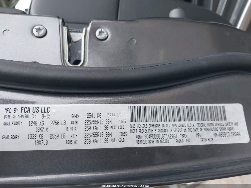 2016 Dodge Journey Crossroad Plus VIN: 3C4PDDGG1GT142061 Lot: 43986172