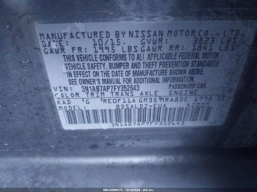 2015 Nissan Sentra Sv VIN: 3N1AB7AP7FY352643 Lot: 43986173