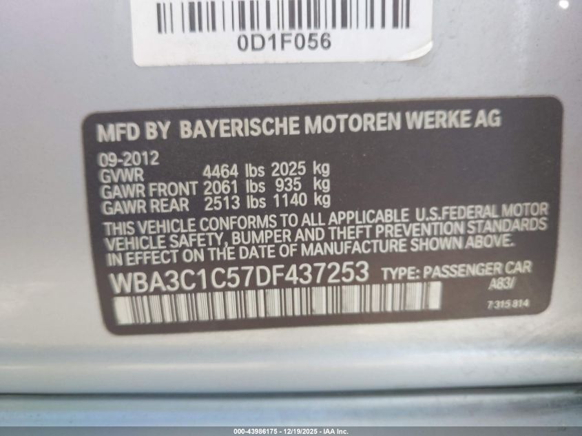 2013 BMW 328I VIN: WBA3C1C57DF437253 Lot: 43986175