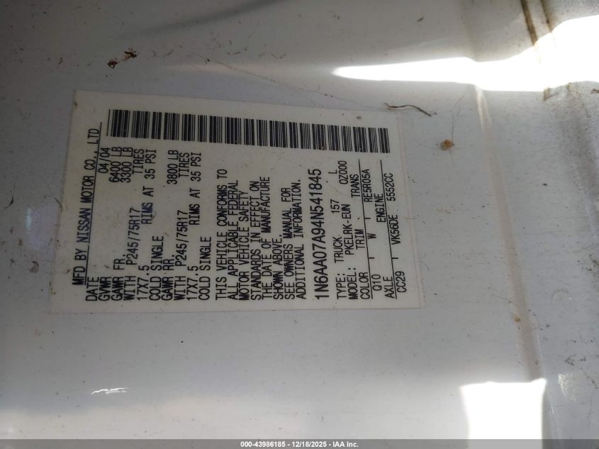 2004 Nissan Titan Xe VIN: 1N6AA07A94N541845 Lot: 43986185