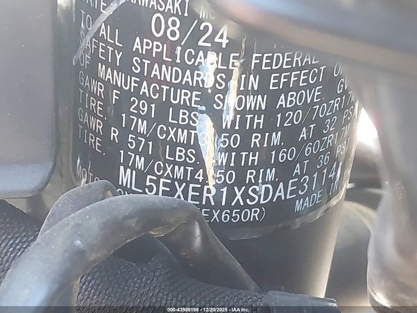 2025 Kawasaki Ex650 R VIN: ML5EXER1XSDAE3114 Lot: 43986186