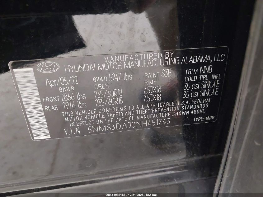 2022 Hyundai Santa Fe Sel VIN: 5NMS3DAJ0NH451743 Lot: 43986187