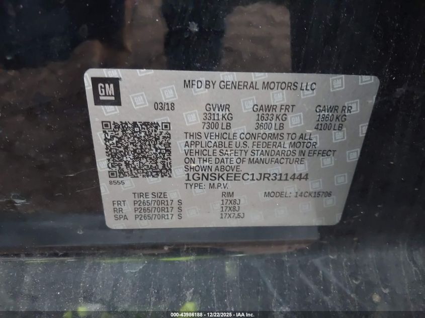 2018 Chevrolet Tahoe Commercial Fleet VIN: 1GNSKEEC1JR311444 Lot: 43986188