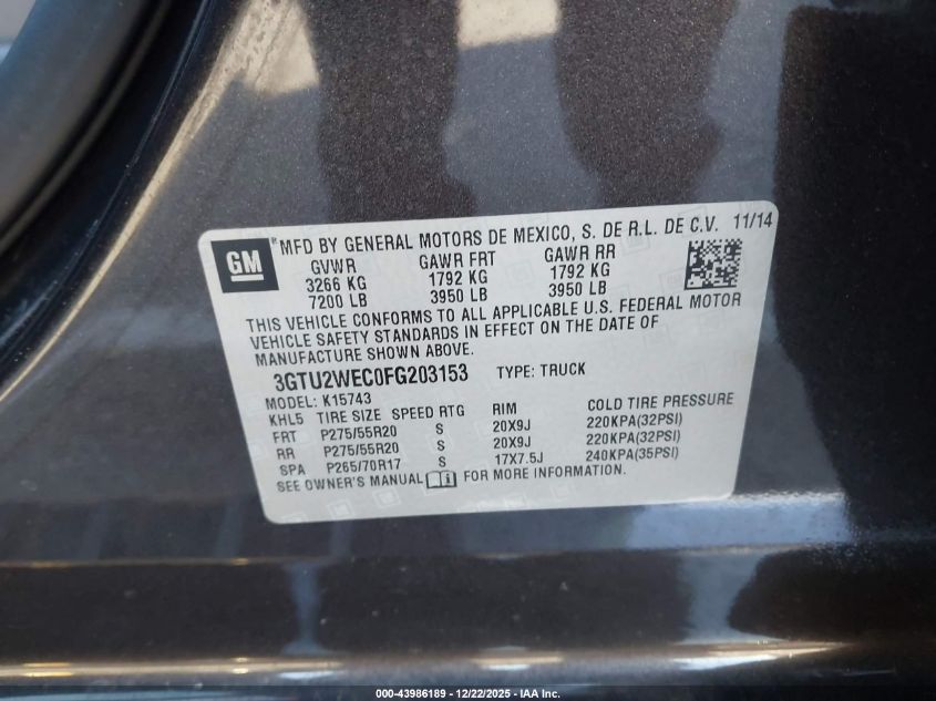 2015 GMC Sierra 1500 Denali VIN: 3GTU2WEC0FG203153 Lot: 43986189
