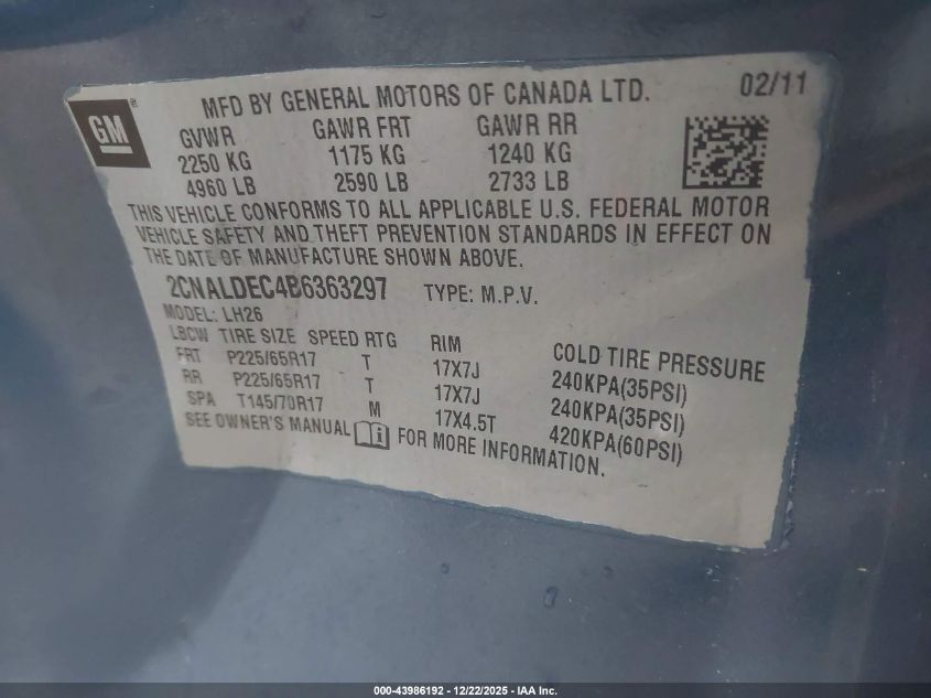 2011 Chevrolet Equinox 1Lt VIN: 2CNALDEC4B6363297 Lot: 43986192