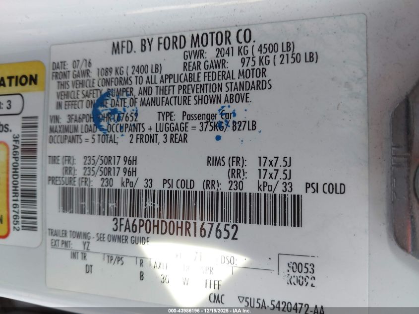 2017 Ford Fusion Se VIN: 3FA6P0HD0HR167652 Lot: 43986196