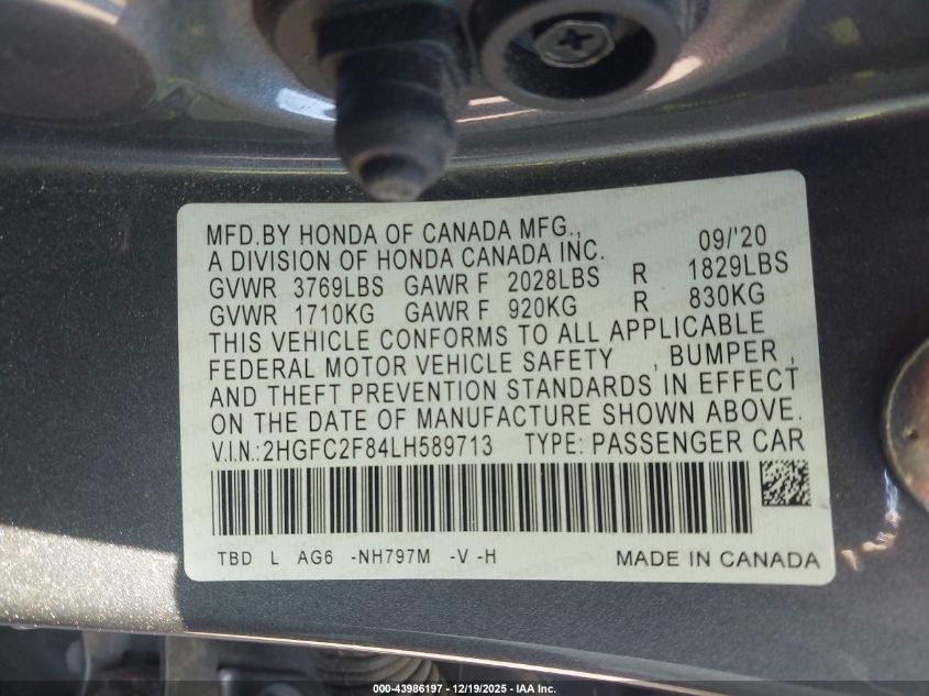 2020 Honda Civic Sport VIN: 2HGFC2F84LH589713 Lot: 43986197