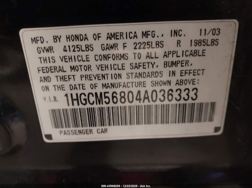 2004 Honda Accord 2.4 Ex VIN: 1HGCM56804A036333 Lot: 43986209