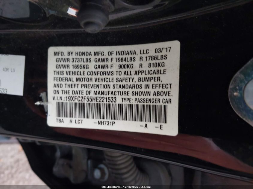 2017 Honda Civic Lx VIN: 19XFC2F55HE221533 Lot: 43986213