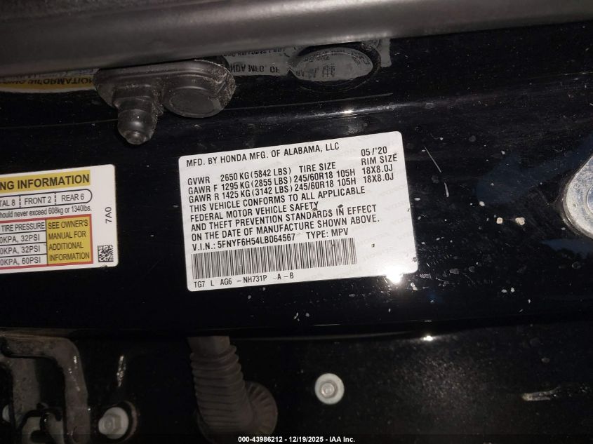 2020 Honda Pilot Awd Ex-L VIN: 5FNYF6H54LB064567 Lot: 43986212