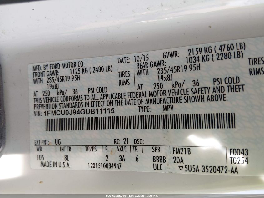 2016 Ford Escape Titanium VIN: 1FMCU0J94GUB11115 Lot: 43986214