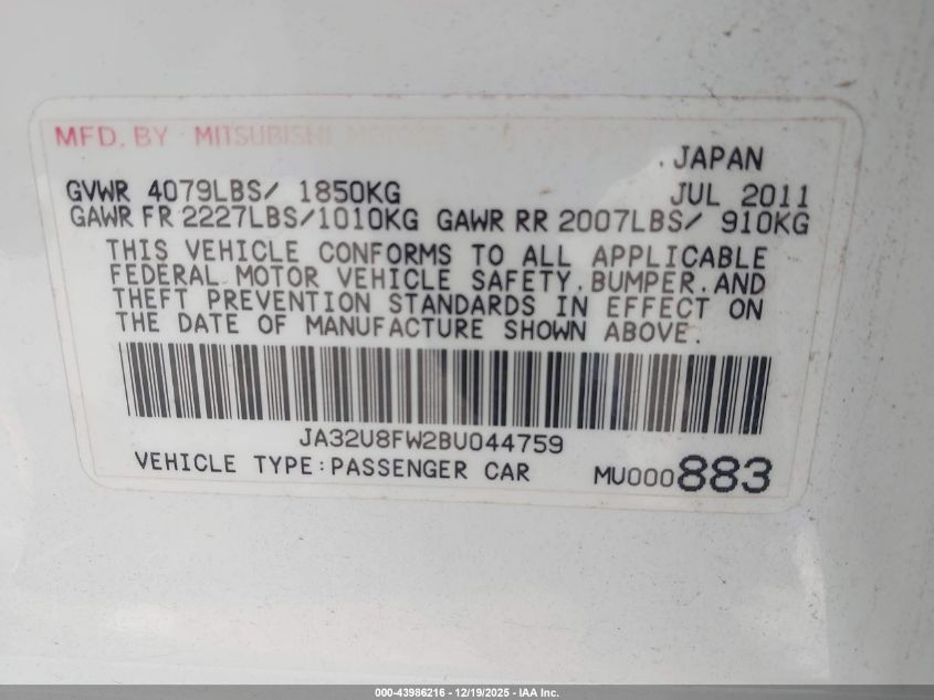 2011 Mitsubishi Lancer Gts VIN: JA32U8FW2BU044759 Lot: 43986216