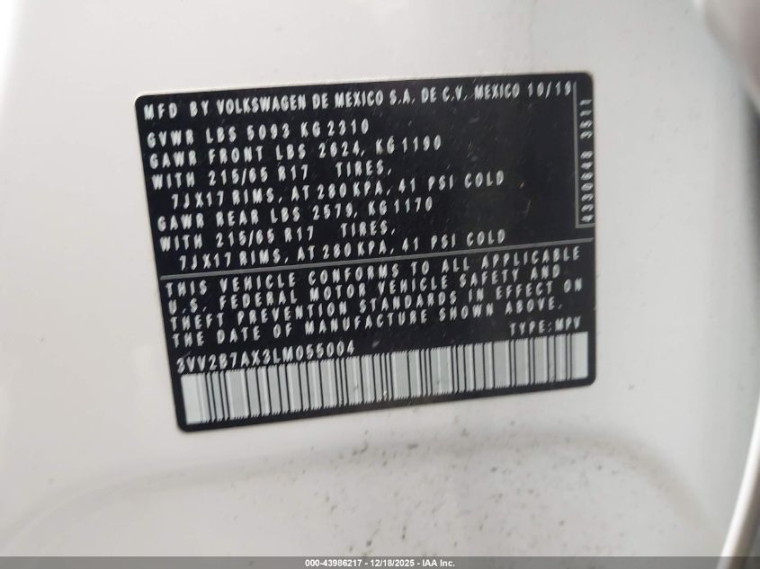 2020 Volkswagen Tiguan 2.0T Se/2.0T Se R-Line Black/2.0T Sel VIN: 3VV2B7AX3LM055004 Lot: 43986217