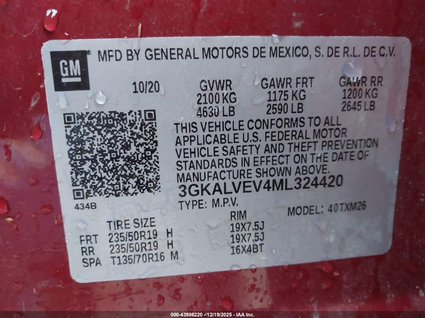 2021 GMC Terrain Awd Slt VIN: 3GKALVEV4ML324420 Lot: 43986220