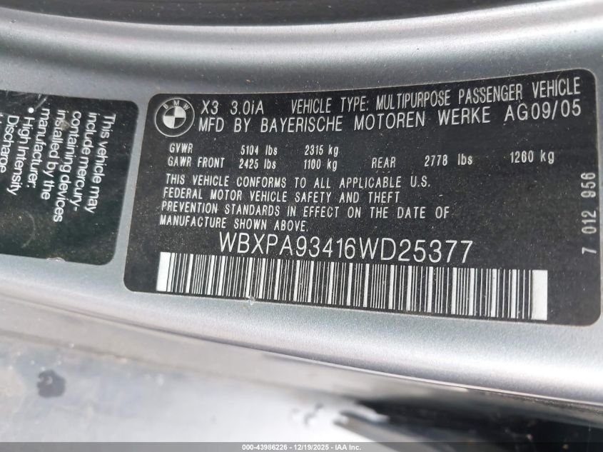 2006 BMW X3 3.0I VIN: WBXPA93416WD25377 Lot: 43986226