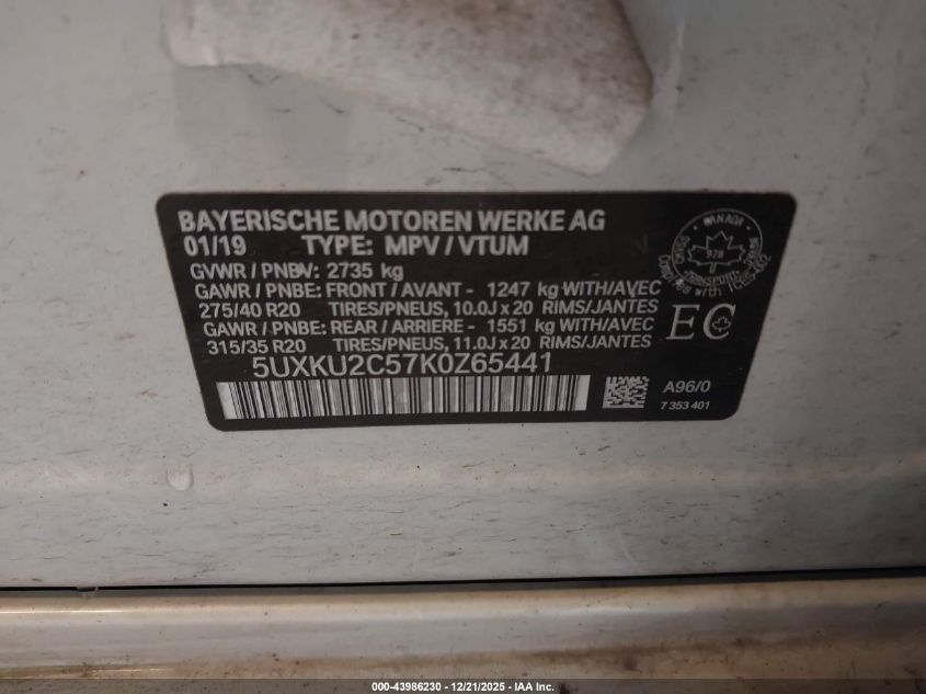 2019 BMW X6 xDrive35I VIN: 5UXKU2C57K0Z65441 Lot: 43986230