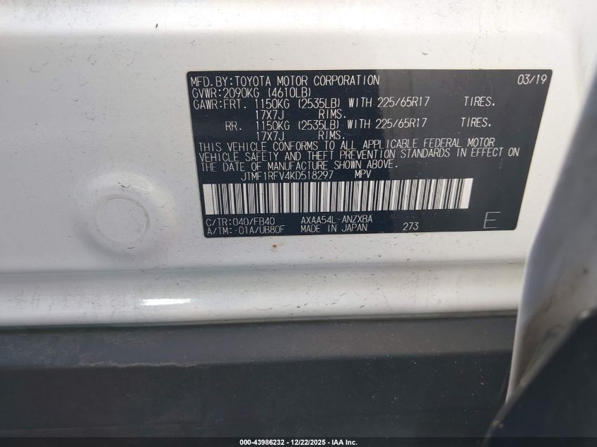 2019 Toyota Rav4 Le VIN: JTMF1RFV4KD518297 Lot: 43986232