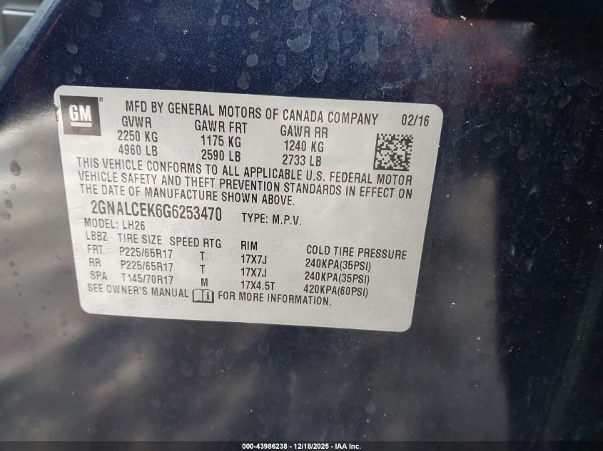 2016 Chevrolet Equinox Lt VIN: 2GNALCEK6G6253470 Lot: 43986238