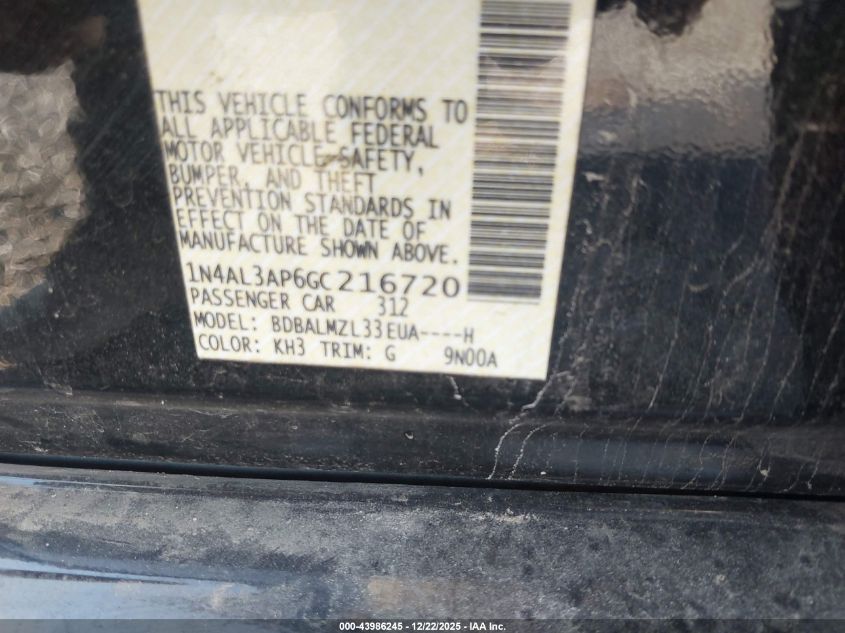 2016 Nissan Altima 2.5 Sv VIN: 1N4AL3AP6GC216720 Lot: 43986245