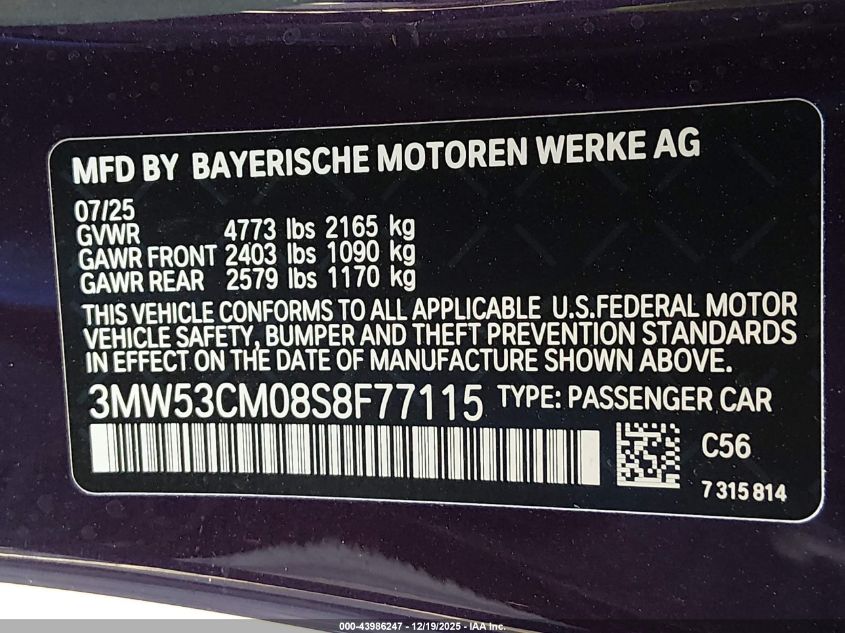 2025 BMW M240 I xDrive VIN: 3MW53CM08S8F77115 Lot: 43986247