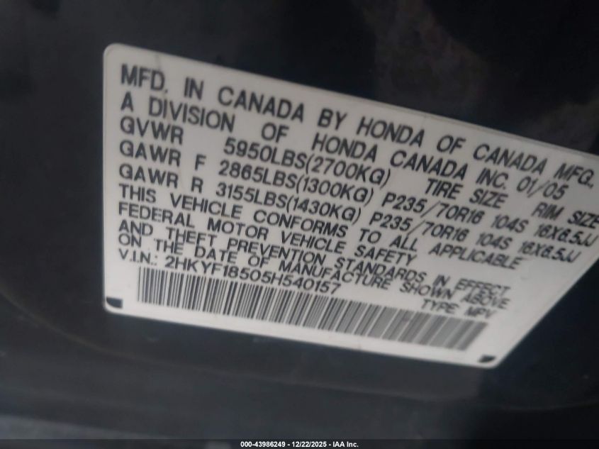 2005 Honda Pilot Ex-L VIN: 2HKYF18505H540157 Lot: 43986249