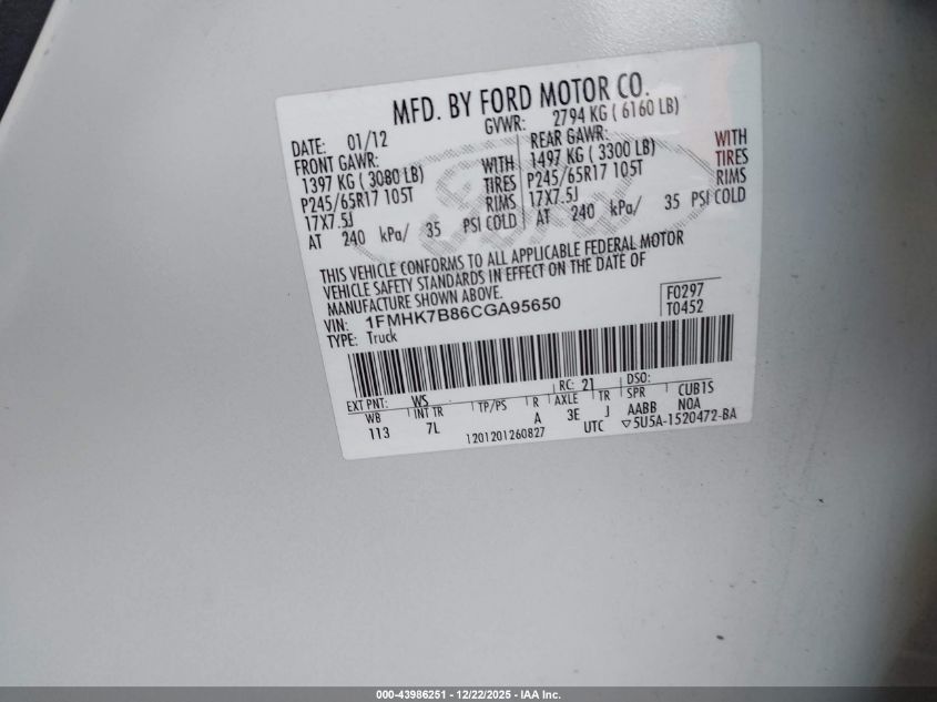 2012 Ford Explorer VIN: 1FMHK7B86CGA95650 Lot: 43986251