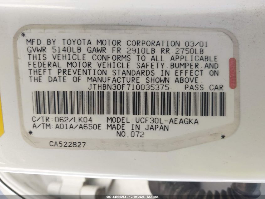 2001 Lexus Ls 430 VIN: JTHBN30F710035375 Lot: 43986254