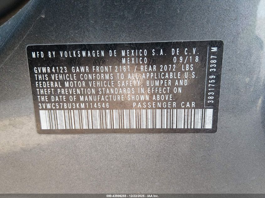 2019 Volkswagen Jetta 1.4T R-Line/1.4T S/1.4T Se VIN: 3VWC57BU3KM114546 Lot: 43986255
