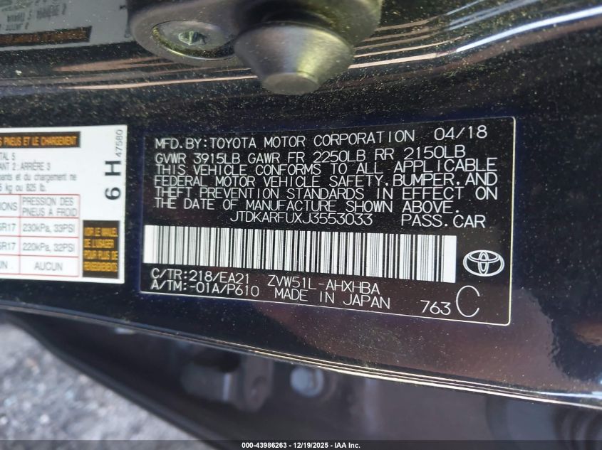 2018 Toyota Prius Four Touring VIN: JTDKARFUXJ3553033 Lot: 43986263