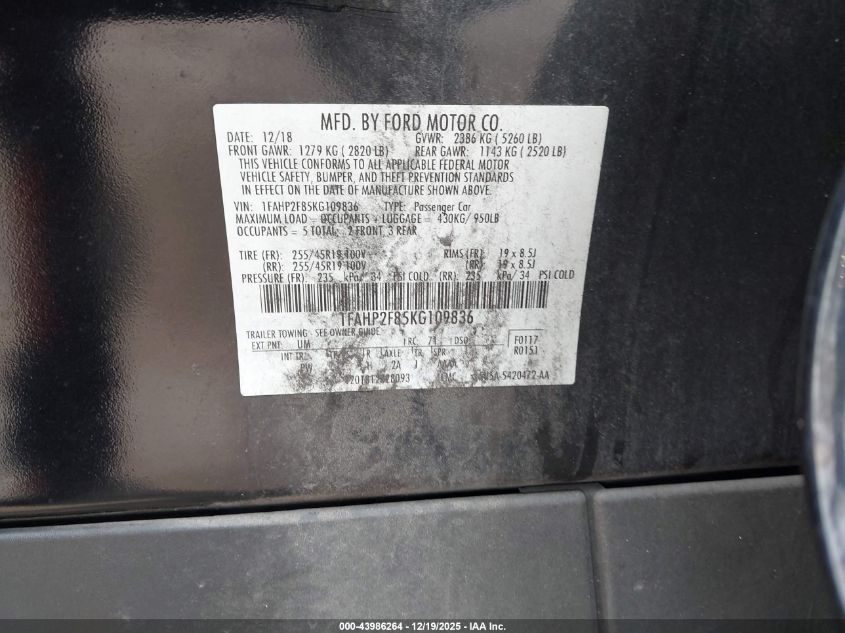 2019 Ford Taurus Limited VIN: 1FAHP2F85KG109836 Lot: 43986264