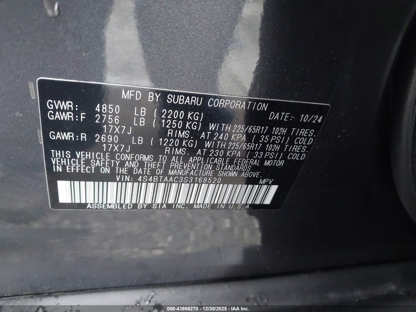 VIN 4S4BTAAC3S3168520 2025 SUBARU OUTBACK